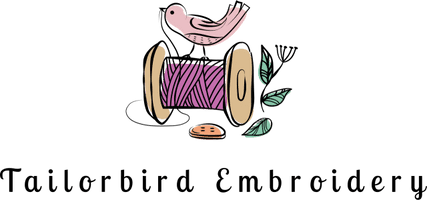 Bird, spool of thread, button, and leaves.