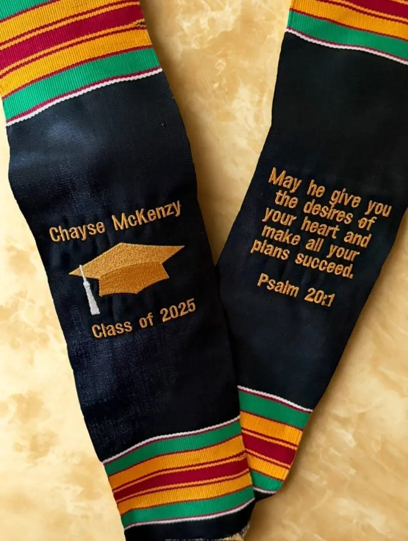A pair of graduation socks with the name chayse mcknight and a quote from psalm 2 3.