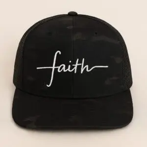 Black cap with "faith" embroidered on front.