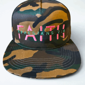 Camouflage cap with "Faith" and "Ephesians 2:8".