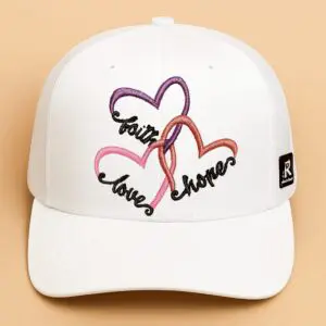 White cap with faith, love, hope design.