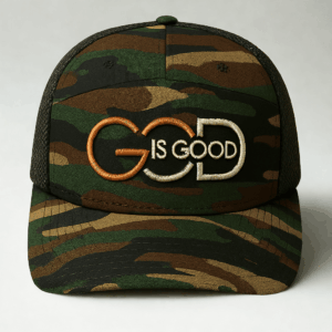 Camouflage cap with "God is Good" text.