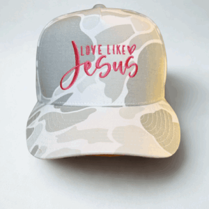 Camouflage hat with "Love Like Jesus" text.