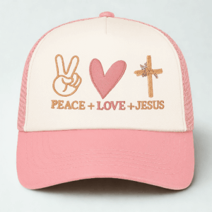 Pink hat with peace, love, Jesus symbols.