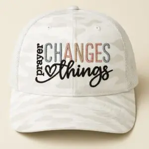 White cap with "Prayer Changes Things" text.
