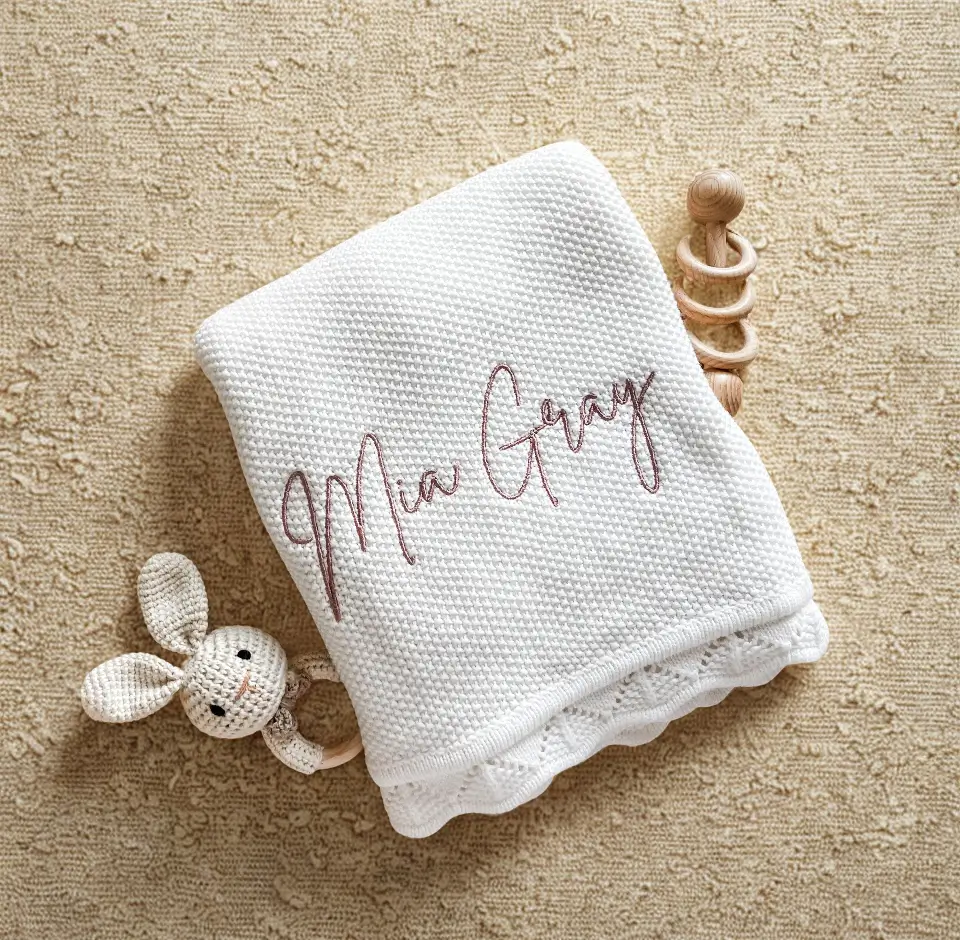 White blanket with toy rabbit on carpet.