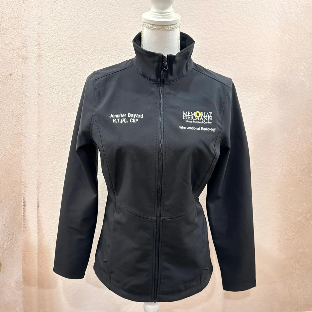 Black embroidered zip jacket with hospital logo